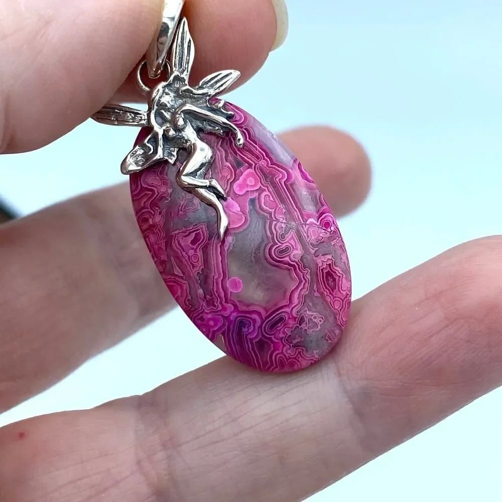 Fairy Pink Laguna Lace Agate Sterling Silver Pendant - Picture 5 of 6